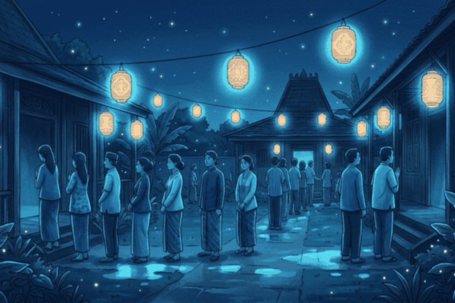 Orang-orang menunggu dengan tertib dalam antrean di malam hari, ilustrasi budaya antre