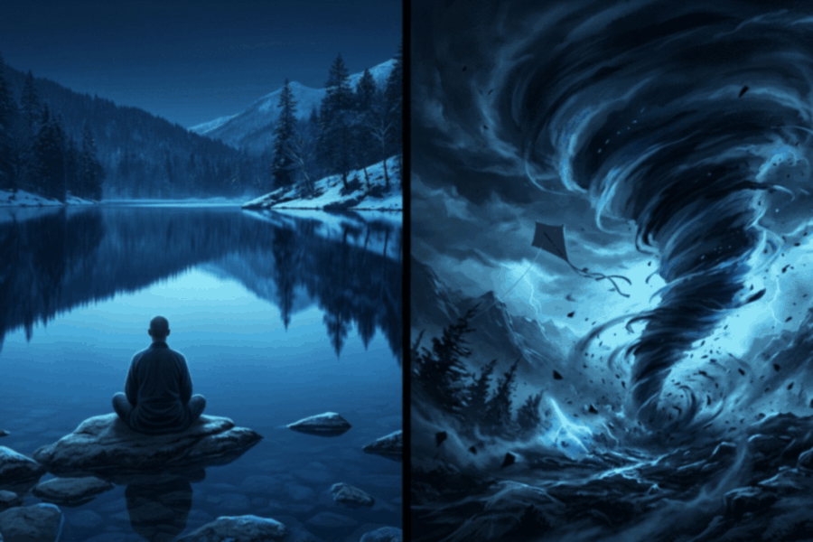Perbandingan figur yang tenang di tepi danau dan pusaran yang terus mengejar, ilustrasi menunggu vs mengejar